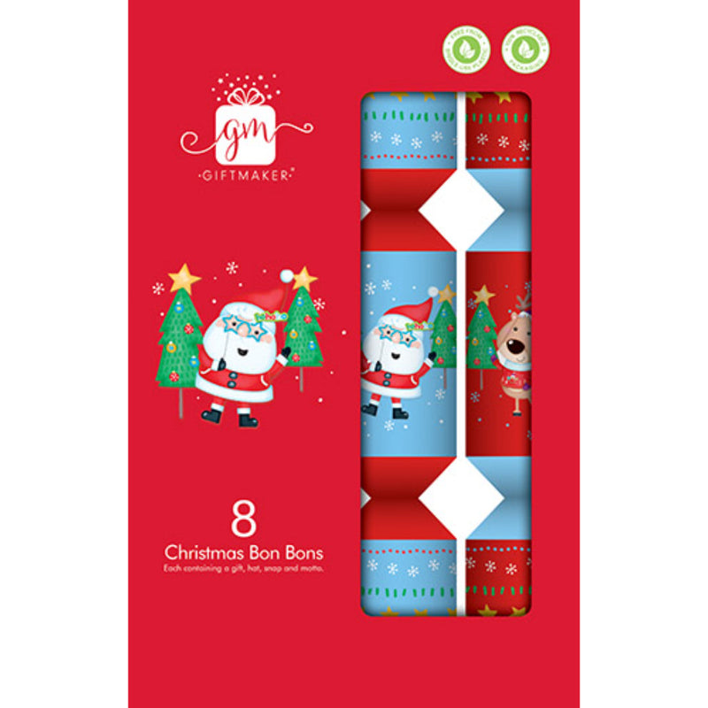 Christmas crackers with novelty tree designs styled on a colourful table.
