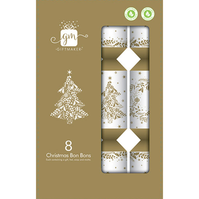 Cream and gold Christmas crackers arranged on an elegant festive table.