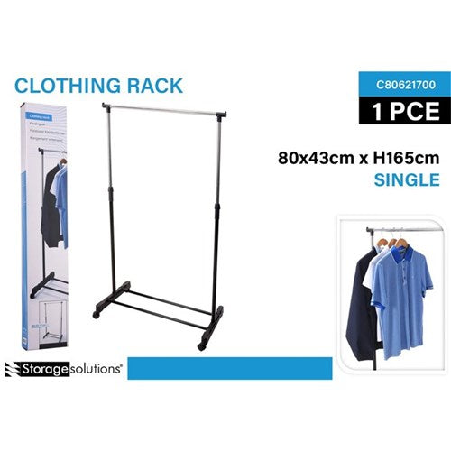 Single rail adjustable clothes rack on wheels