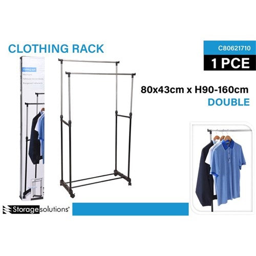 Double rail adjustable clothes rack on wheels