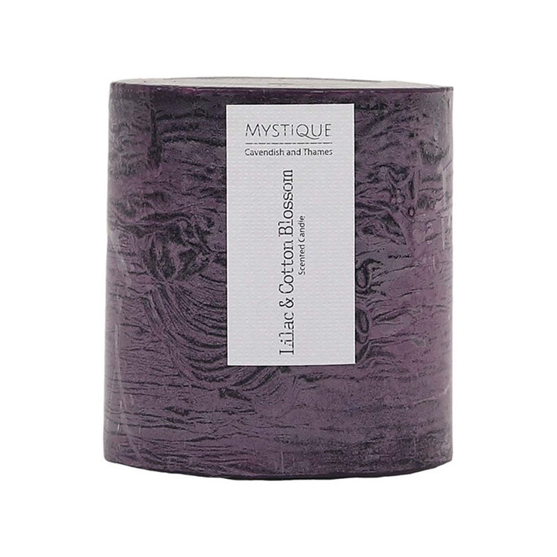 Rustic plum lilac cotton blossom pillar candle 7x7.5cm