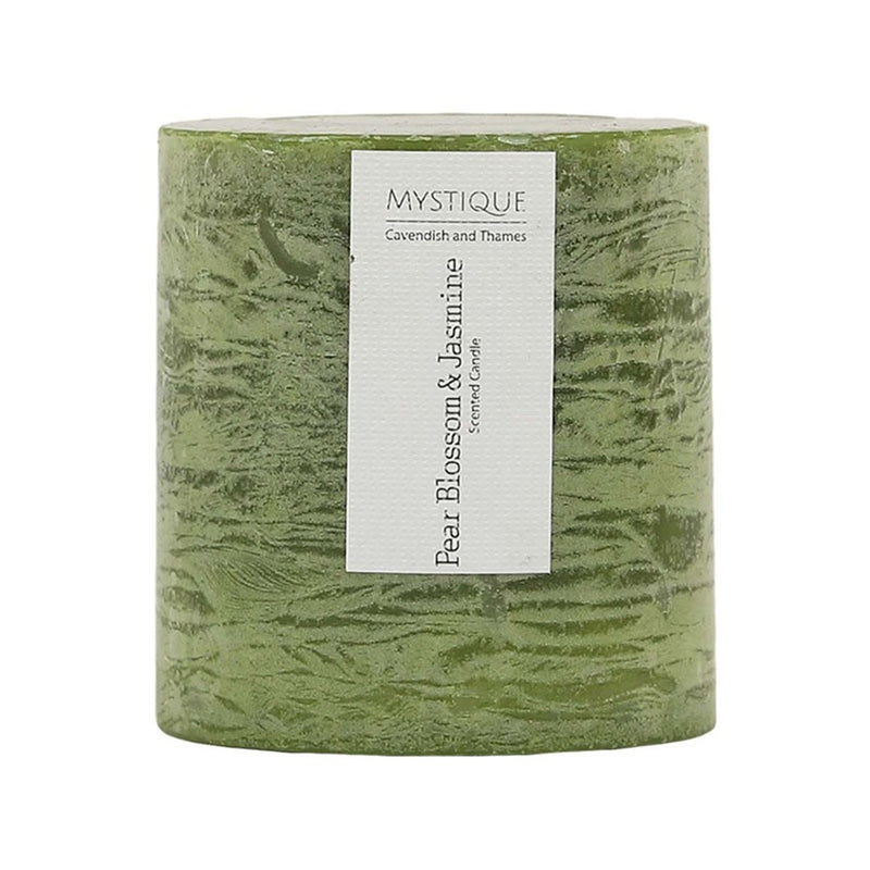 Rustic olive green pear blossom jasmine pillar candle 7x7.5cm