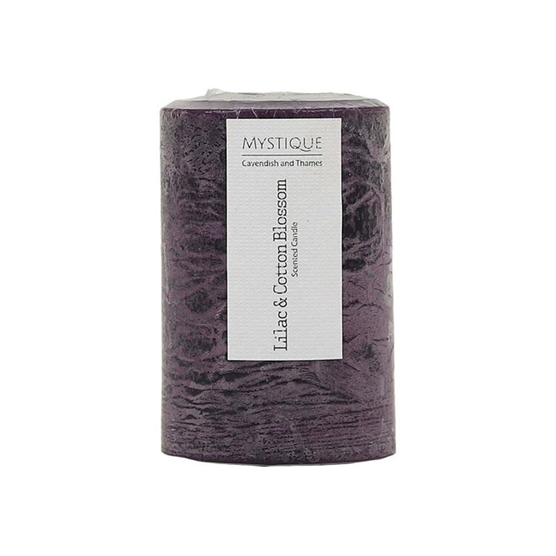 Small rustic plum lilac cotton blossom pillar candle