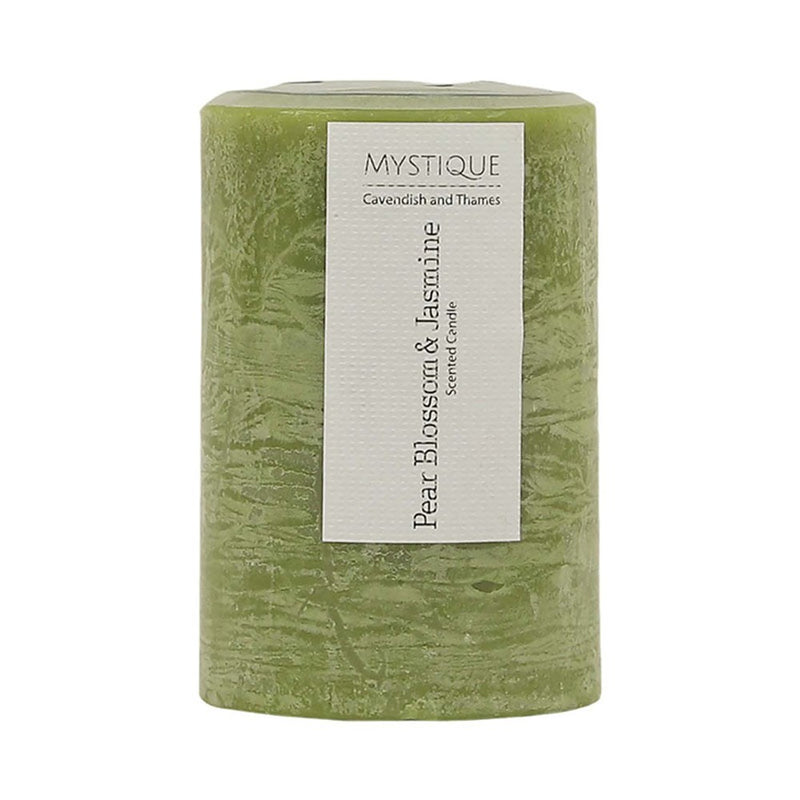 Small rustic olive green pear blossom jasmine pillar candle