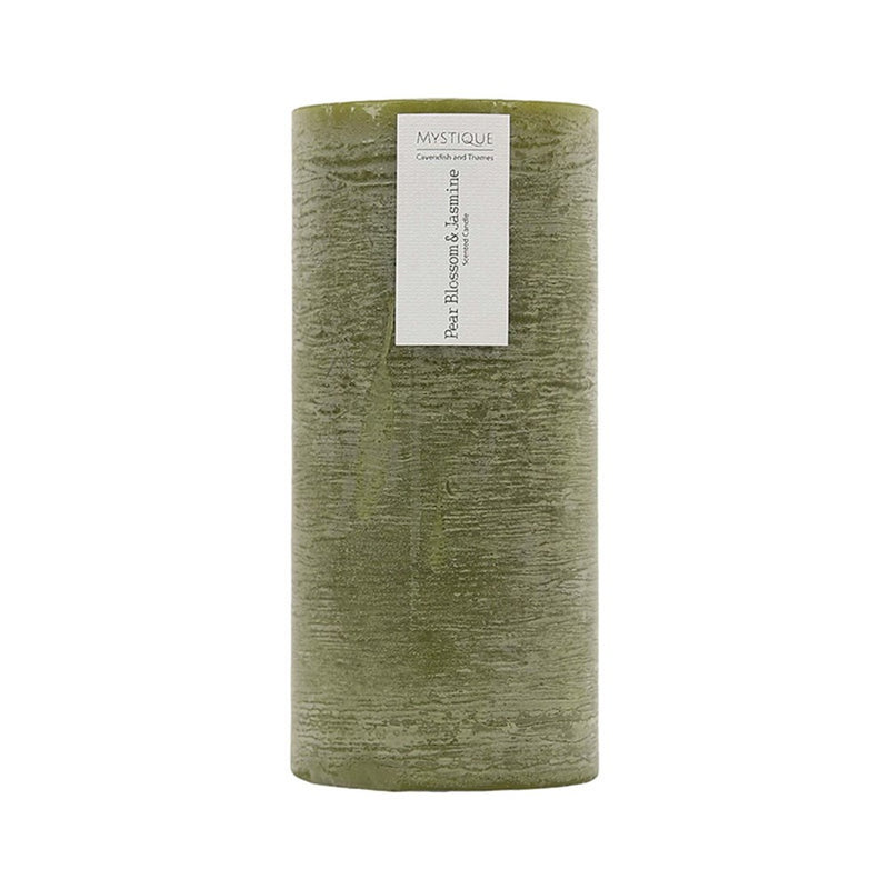Large tall rustic olive green pear blossom jasmine pillar candle