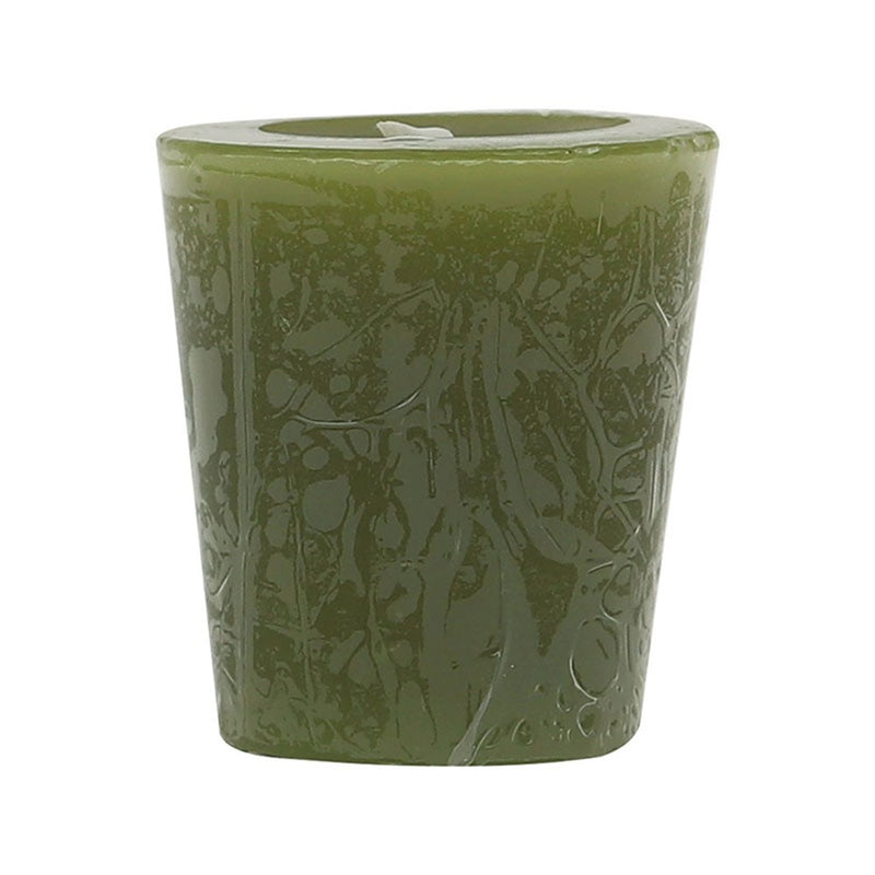 Small olive green pear blossom jasmine scented votive candle
