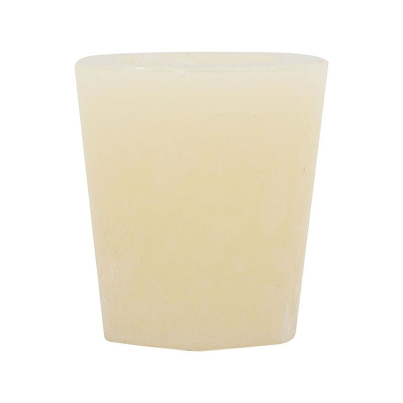 Small beige amber vanilla scented votive candle