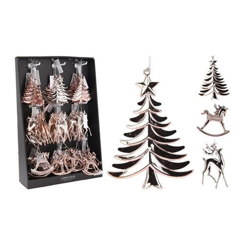 Three 14 cm rose gold plastic hanging decorations