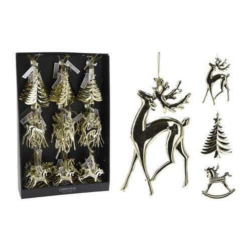 Three 14 cm gold plastic hanging decorations