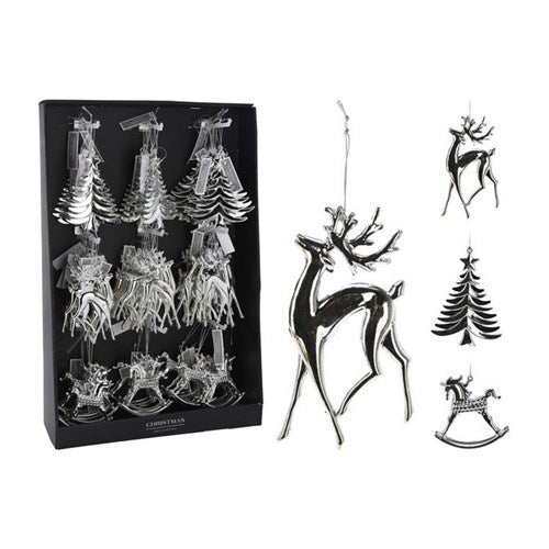 Three 14 cm silver plastic hanging decorations