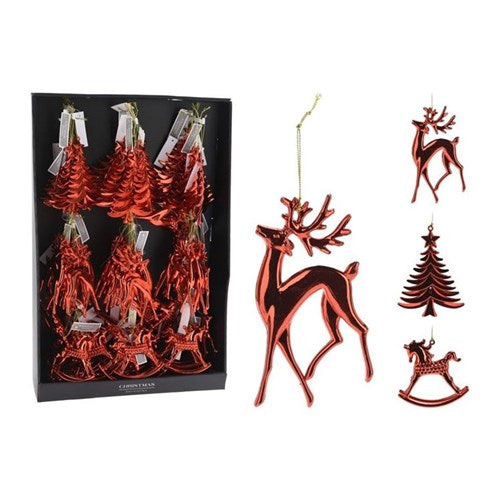 Three 14 cm red plastic hanging decorations