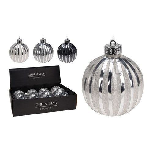 Three 100 mm foil printed baubles with silver caps
