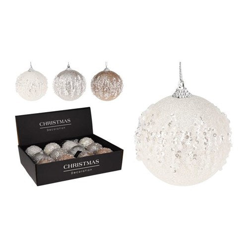 Six 8 cm sequin baubles in assorted colors