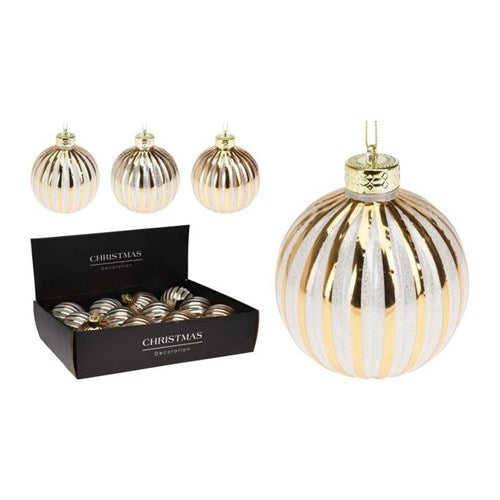 Three 100 mm foil printed baubles with gold caps