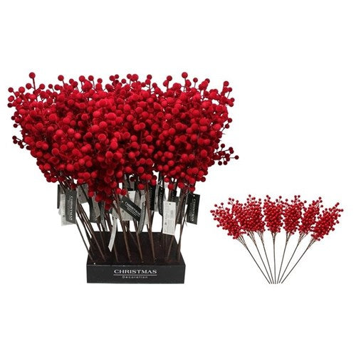 60cm flocked red berry Christmas branch