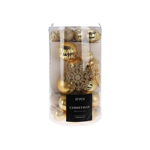 57-piece set of gold Christmas baubles in mixed finishes