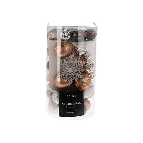 57-piece set of amber-colored Christmas baubles