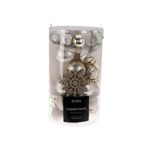 57-piece champagne bauble set with assorted finishes