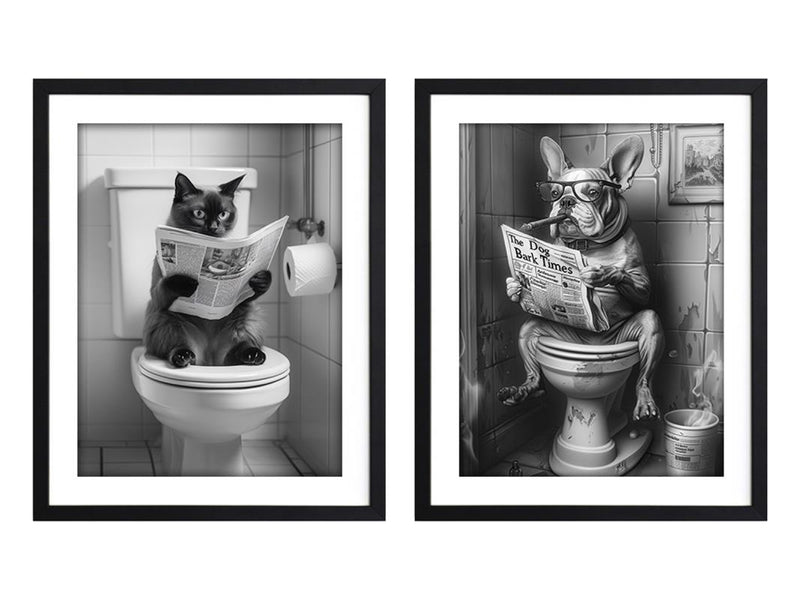 Framed Canvas Cat/Dog on Toilet 40x50cm