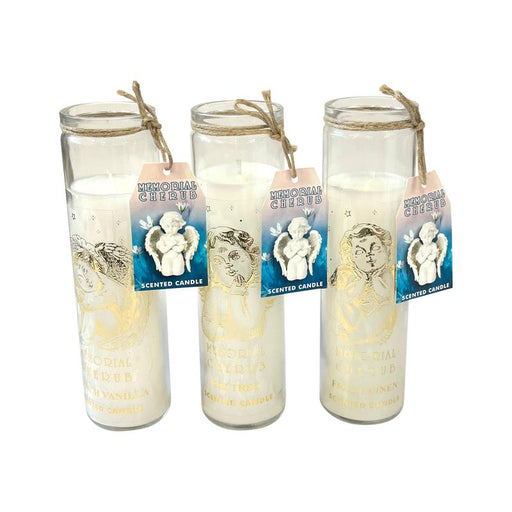 Pillar candle with memorial cherub design