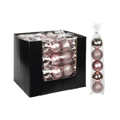 Five 80 mm pink baubles