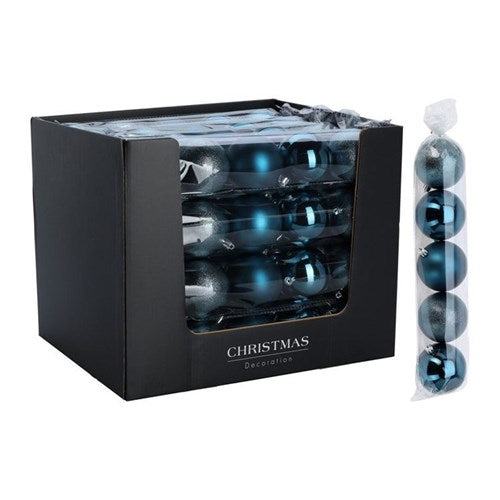 Five 80 mm blue baubles with glossy shine