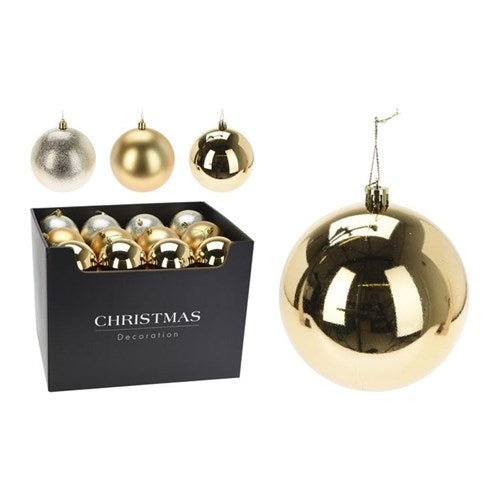 Three assorted 100 mm gold baubles