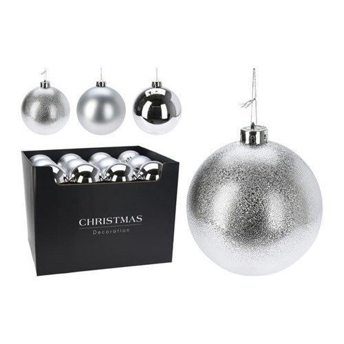 Three assorted 100 mm silver baubles