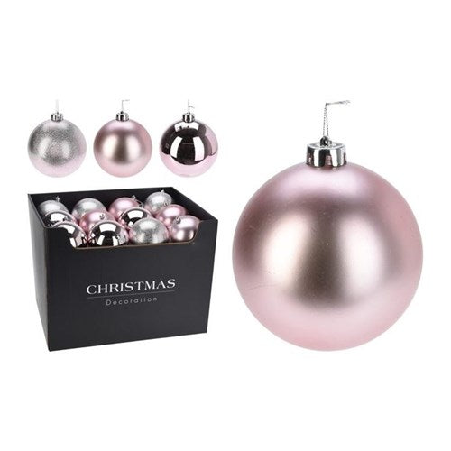 Three assorted 100 mm pink baubles