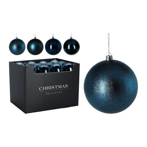 Three assorted 100 mm night blue baubles