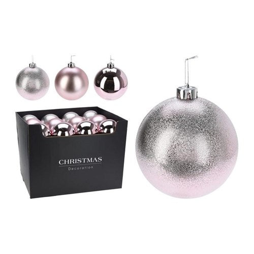 Three assorted 120 mm pink baubles