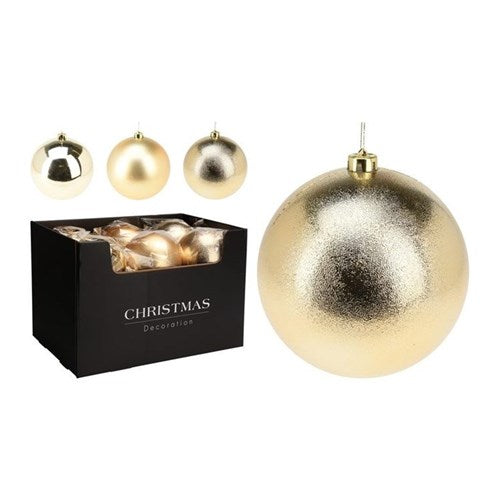 Three assorted 140 mm gold baubles