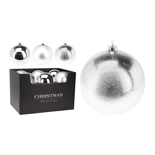 Three assorted 140 mm silver baubles