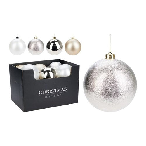 Four assorted 140 mm champagne baubles