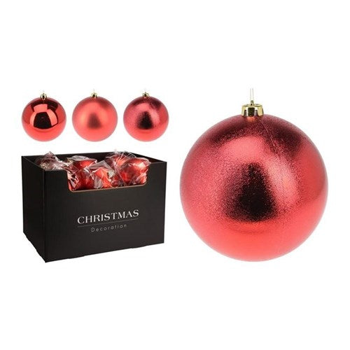 Three assorted 180 mm red baubles