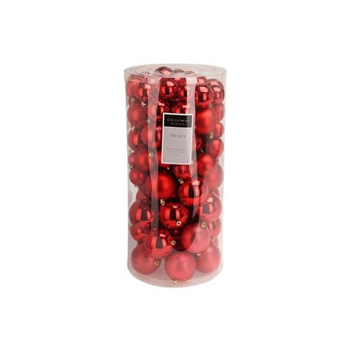 100 piece red bauble set in assorted finishes