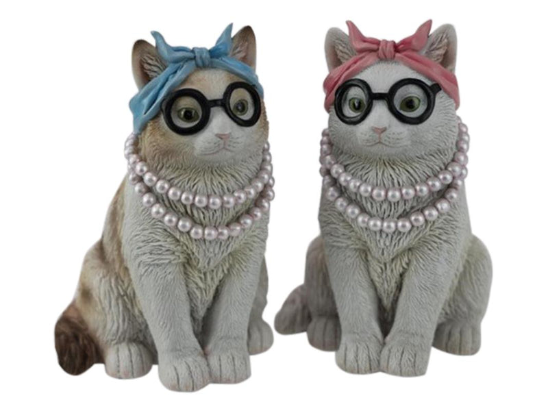 Sitting Cat with Glasses & Pearls 19cm