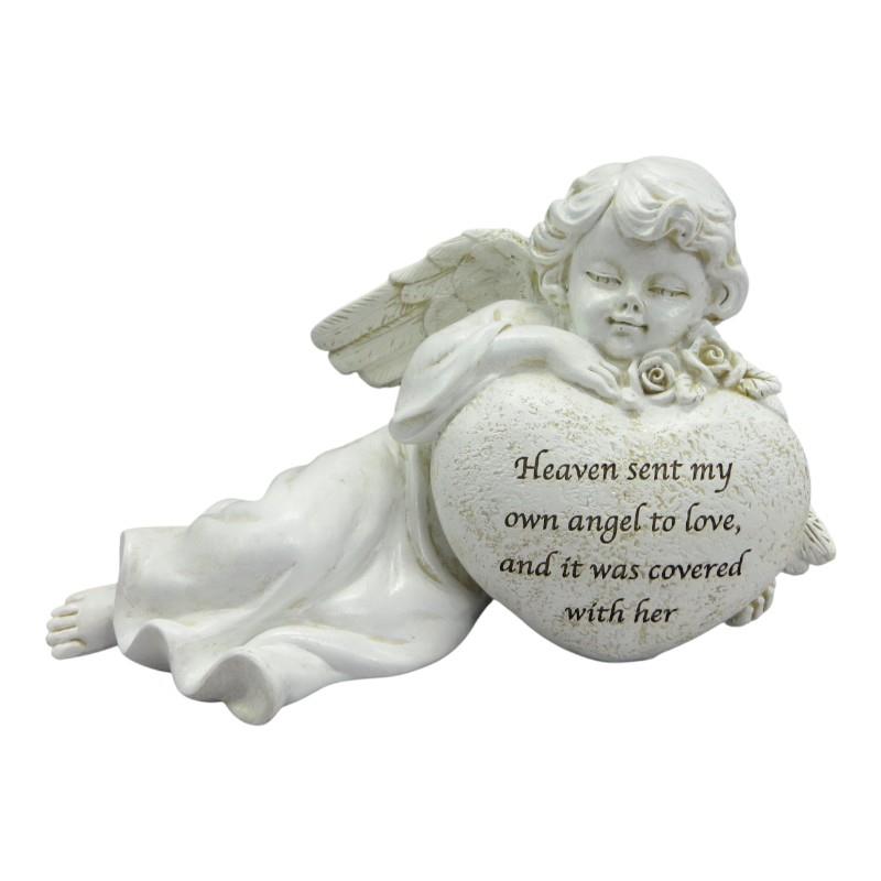 Laying cherub with memorial heart ornament 9.5cm