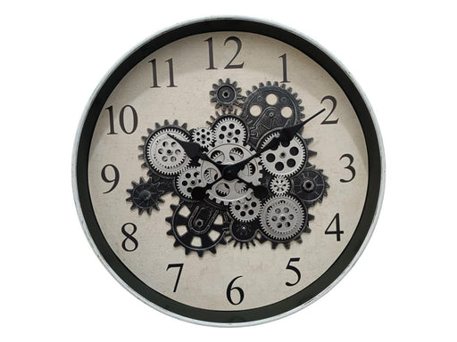 White wall clock with visible cogs