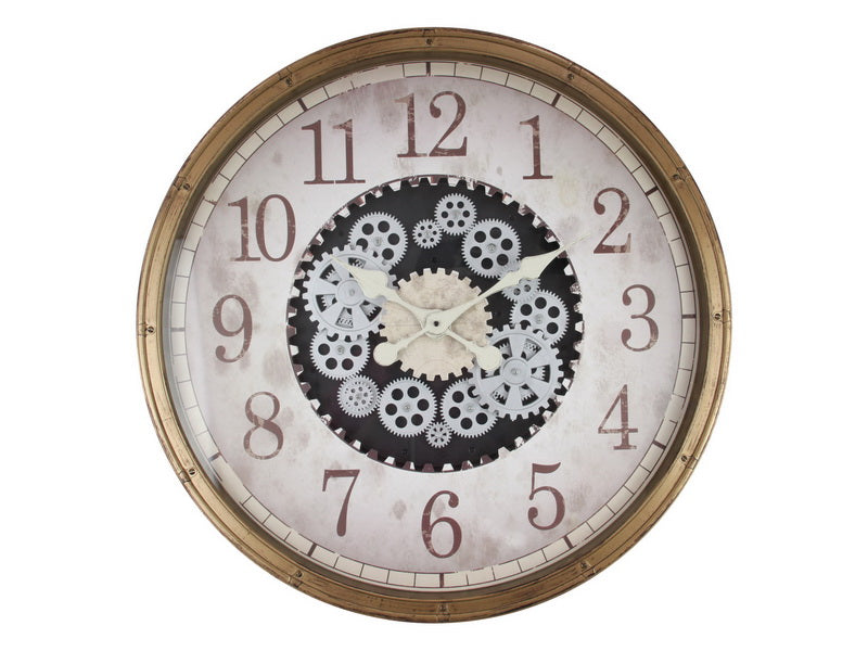 Large wall clock with moving cogs white and gold