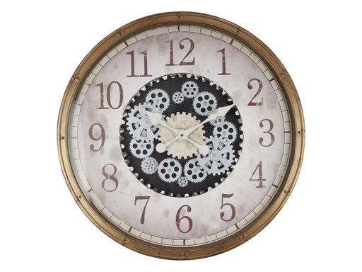 Large wall clock with moving cogs white and gold