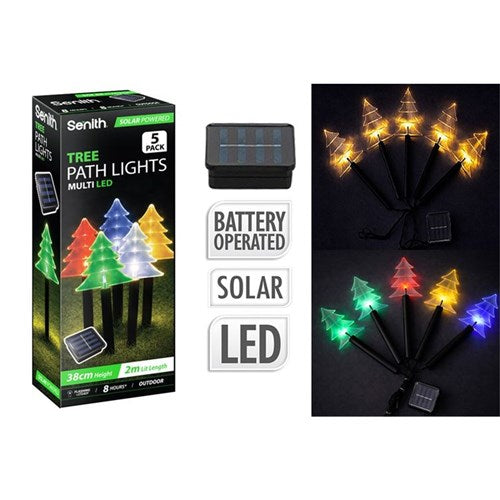 5 pack 36cm solar LED Christmas tree path lights assorted
