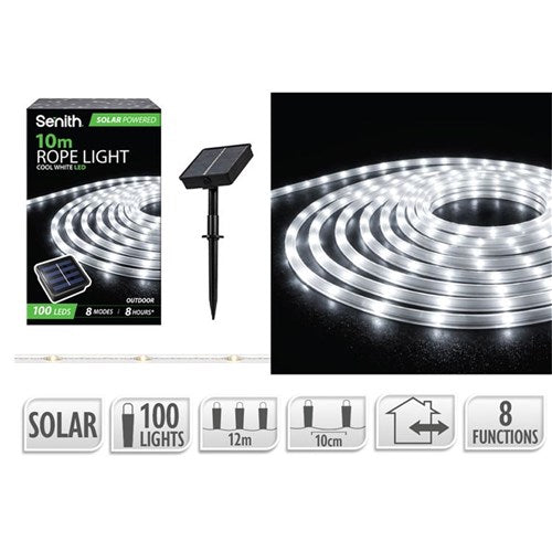 100 LED cool white solar rope light 12m with 8 functions