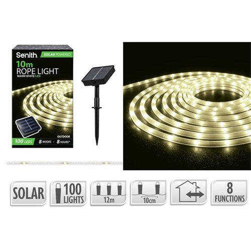 100 LED warm white solar rope light 12m with 8 functions