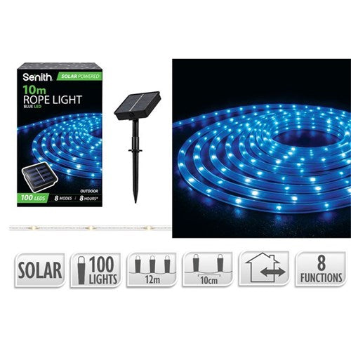 100 LED blue solar rope light 12m with 8 functions
