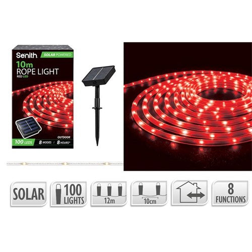 100 LED red solar rope light 12m with 8 functions
