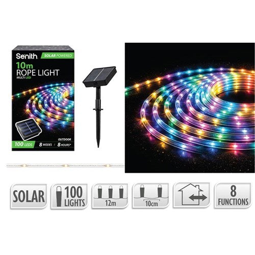 100 LED multicolour solar rope light 12m with 8 functions