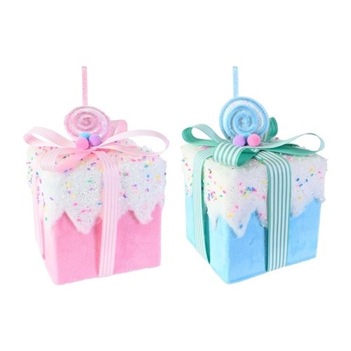 11cm velvet present Christmas decoration with sprinkles assorted