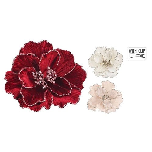 26cm peony glitter edge Christmas flower clip assorted