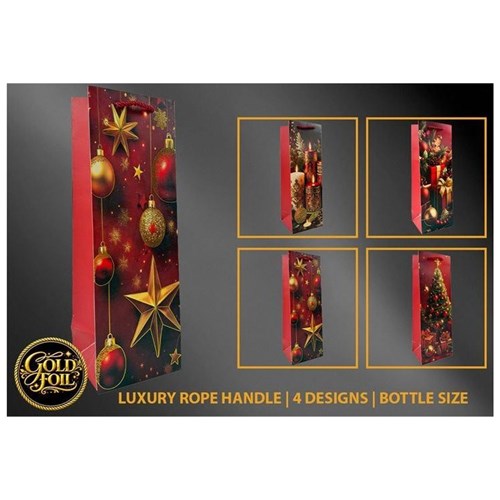 traditional foil Christmas bottle gift bag assorted